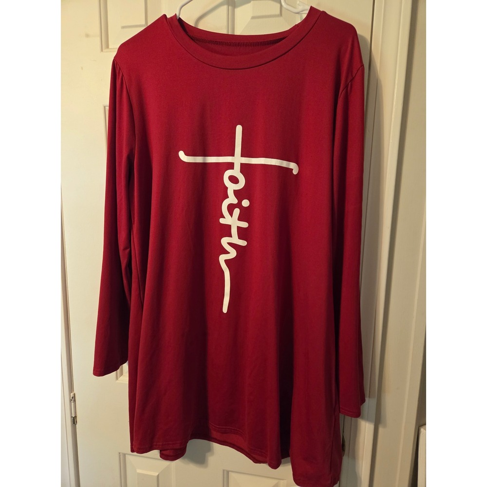 Womens Faith Cross Graphic Long Sleeve Tunic Top Red Plus Size 3XL Christian